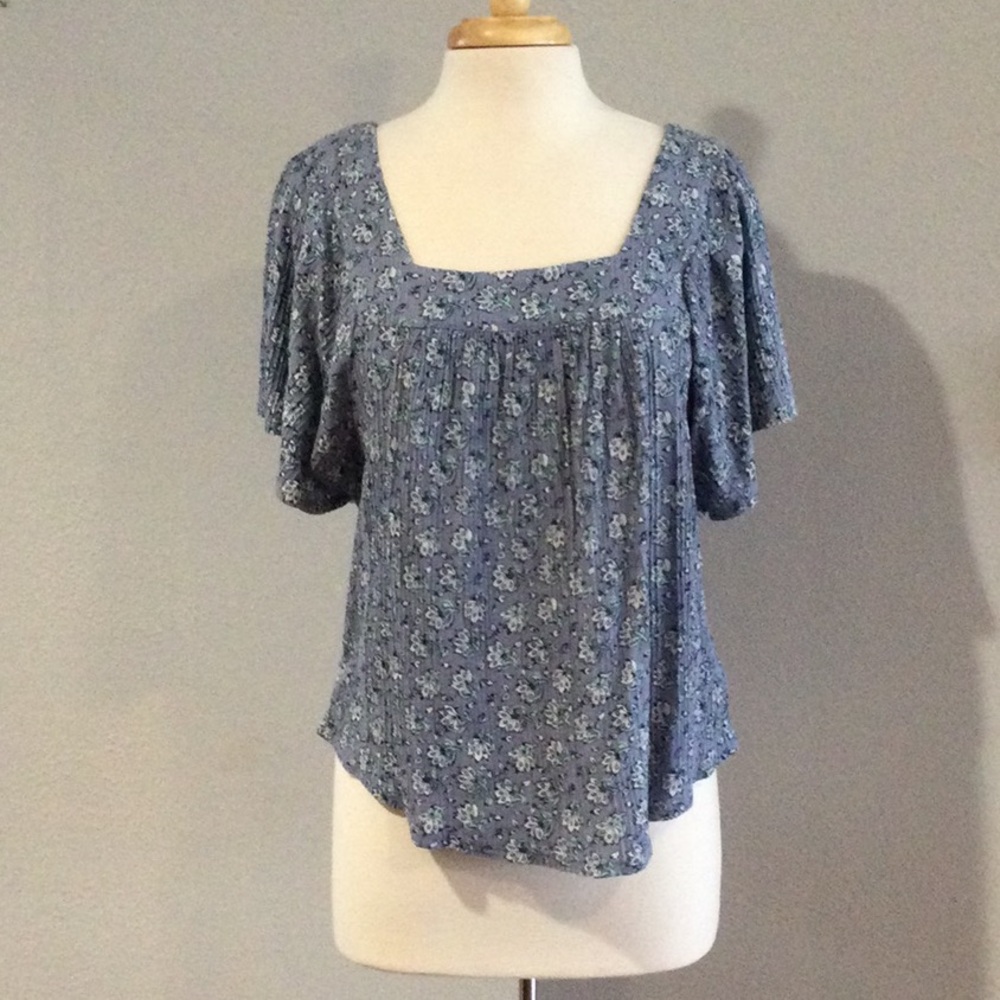 Lucky Brand Blue Floral Square Neck Short Flowy Sleeve Pullover Top Size SP